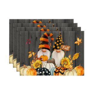 Gnomes Pumpkins Fall Placemats Set of 4, 12x18 Inch Seasonal Autumn Thanksgiving
